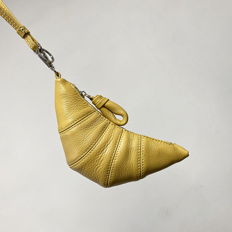 LE迷你挂脖牛角包钥匙零钱包头层牛皮可颂包单肩斜挎挂腰饺子包