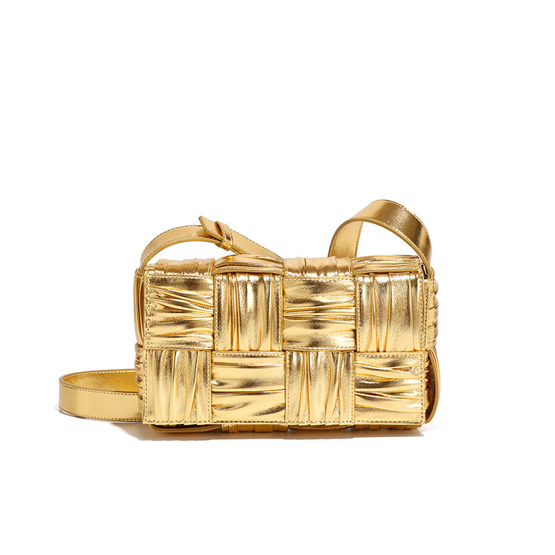 工厂直销高质量高档轻奢风金属感金色编织枕头包小方包单肩斜挎包