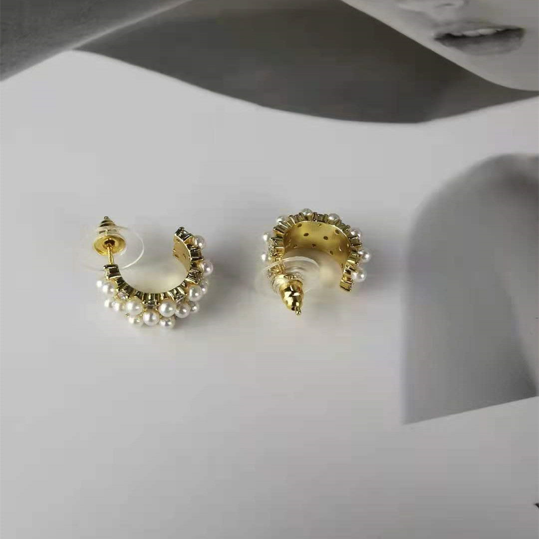 赛家新款耳环珍珠满钻C型甜美气质耳坠短款半圈复古港风珍珠耳钉