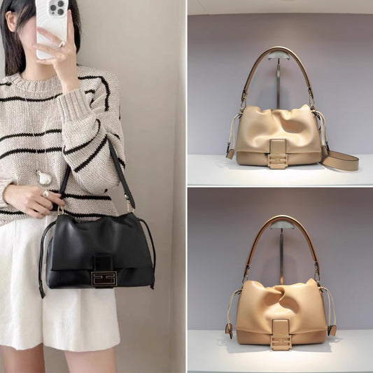 25新款法棍复古时髦抽绳腋下包轻奢高级翻盖云朵包软牛皮单肩包