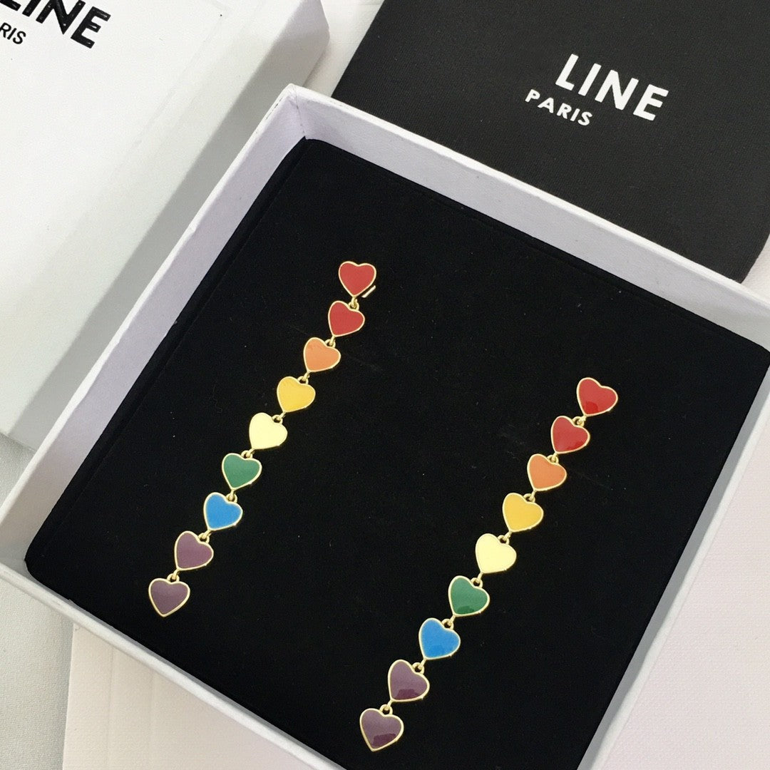 赛林新款桃心耳钉彩虹糖果色红色金珐琅耳坠滴釉渐变爱心气质耳环