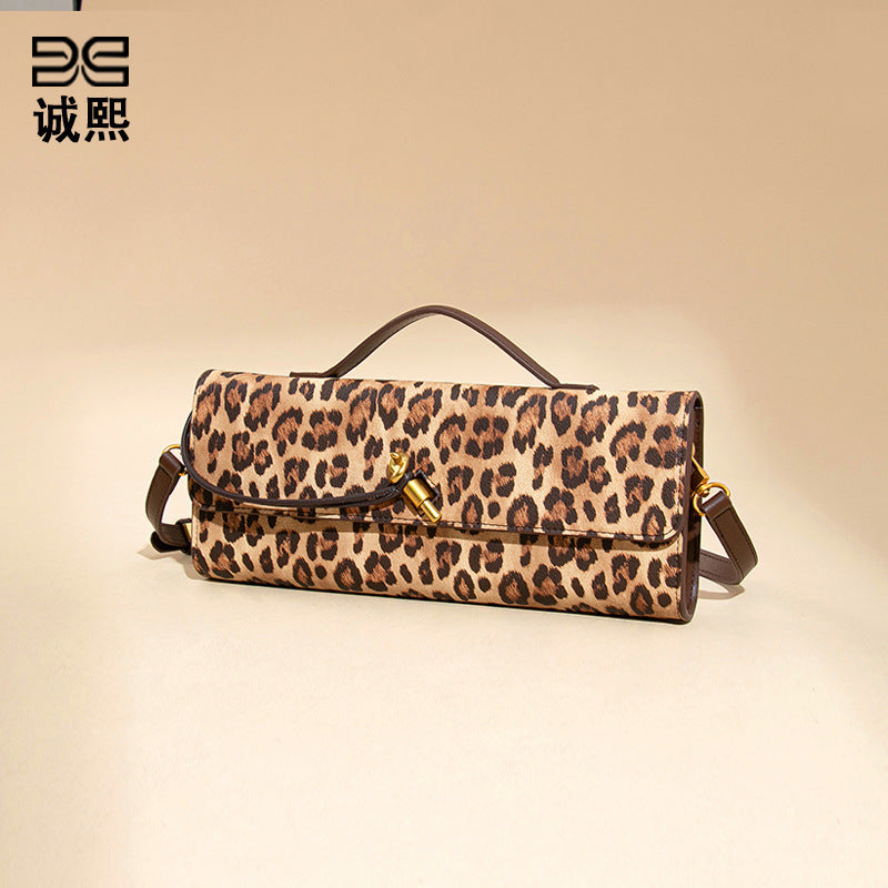 跨境复古手拿女士晚宴包豹纹横款单肩斜挎包时尚晚装包新品法棍包