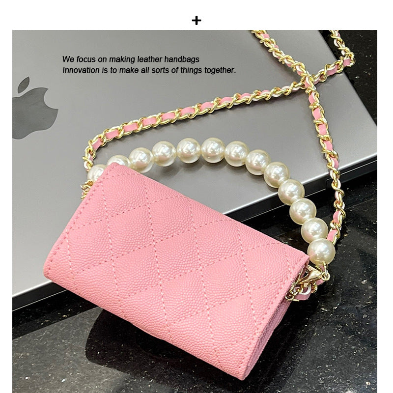 经典百搭港风口红包真皮鱼子酱菱格链条包高级小方包珍珠零钱包包