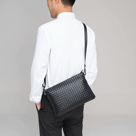 x&bv手拿包男休闲真皮手包牛皮时尚多功能背包编织男包单肩斜挎包