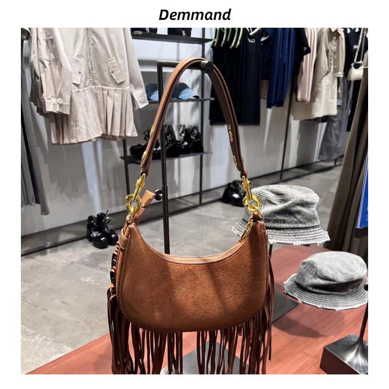 2023新款网红同款时尚百搭复古棕色流苏设计单肩斜挎包包女牛皮潮