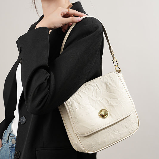 褶皱腋下邮差包 复古百搭单肩斜挎女包手抓纹牛皮托特包一件代发