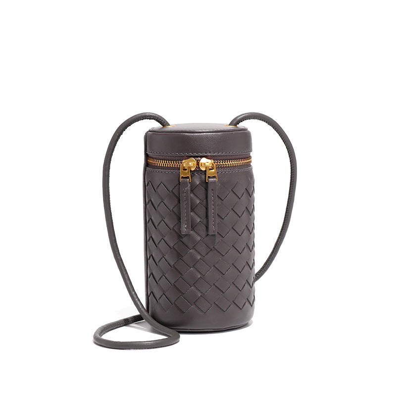 时尚简约纯色圆筒包新款百搭手工编织包包迷你可爱单肩斜挎手机包