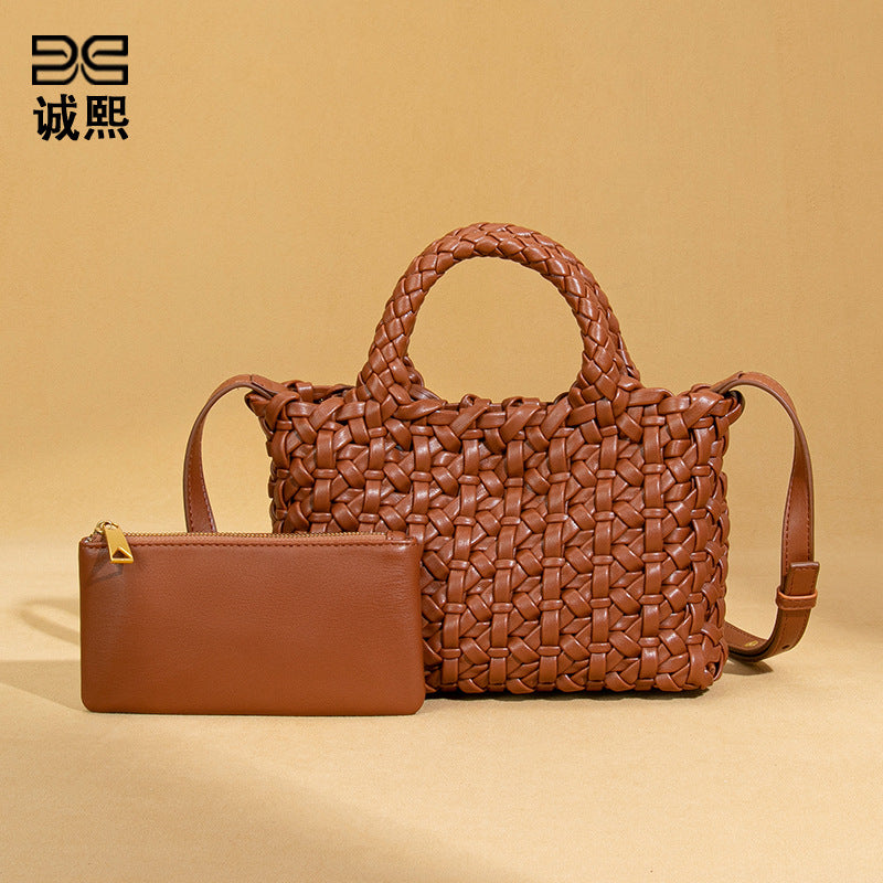 韩版时尚小众织手拎菜篮子母包简约百搭mini纯色斜挎包休闲单肩包