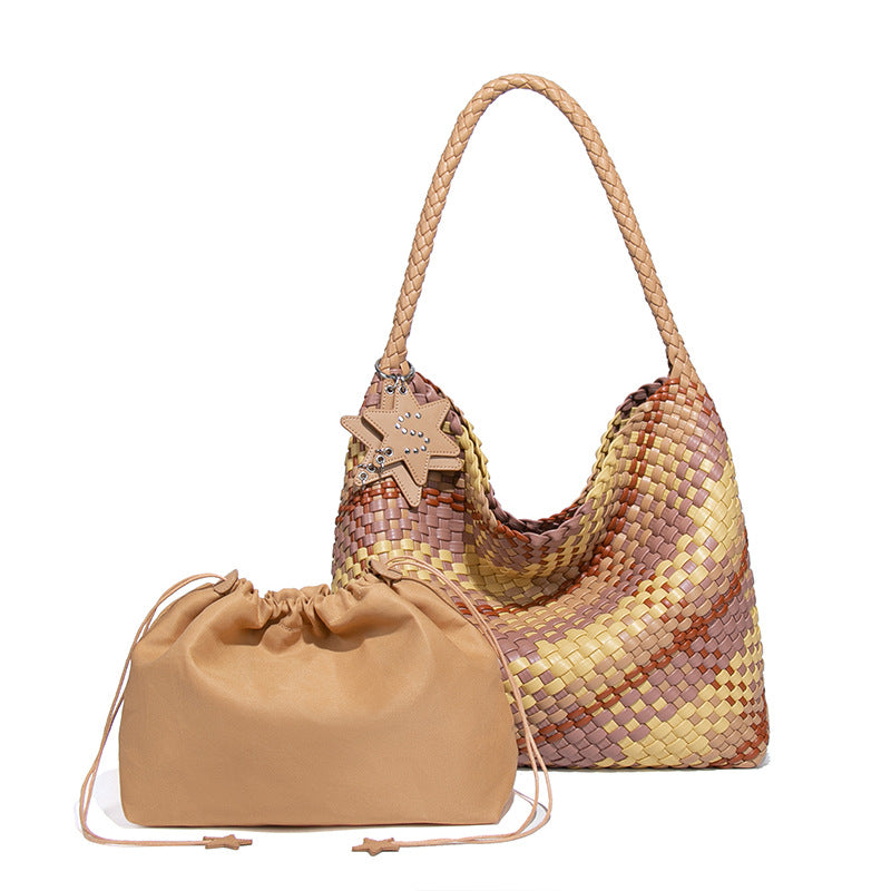 跨境新款拼色子母单肩托特女包大容量百搭腋下包全手工编织手提包