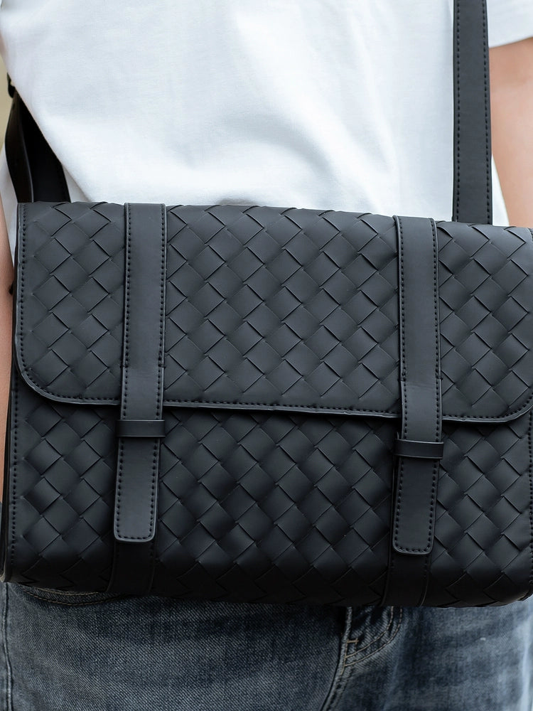 X&BV新款斜挎包男真皮编织商务休闲男士单肩包翻盖牛皮高级时尚牛