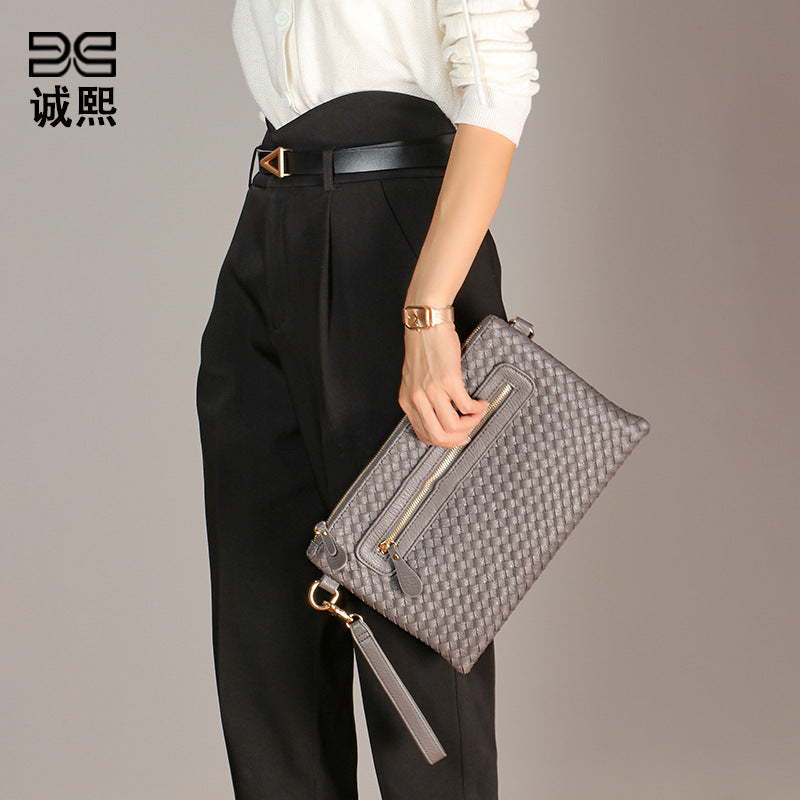 新款欧美时尚手拿编织女包大容量pu软皮信封包单肩斜跨包直播货源