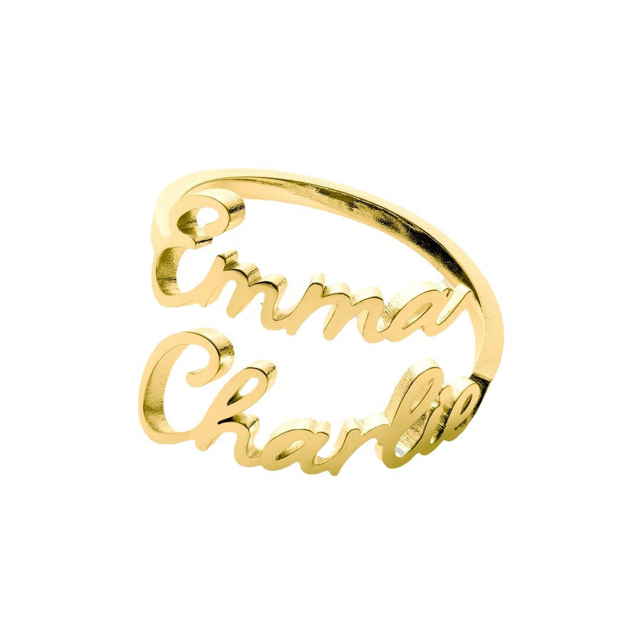 DIY时尚18K镀金情侣双名字戒指不锈钢开口字母一件代发原创设计