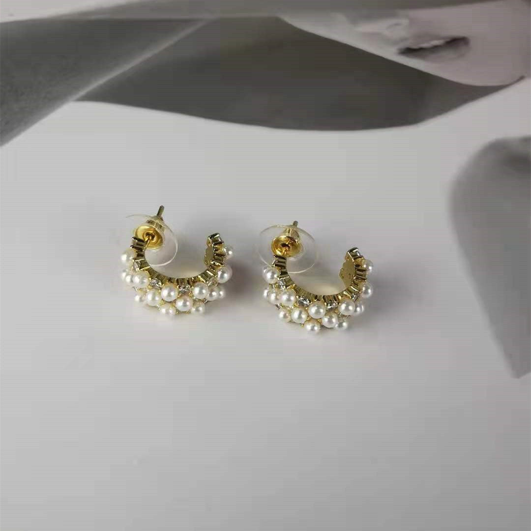赛家新款耳环珍珠满钻C型甜美气质耳坠短款半圈复古港风珍珠耳钉