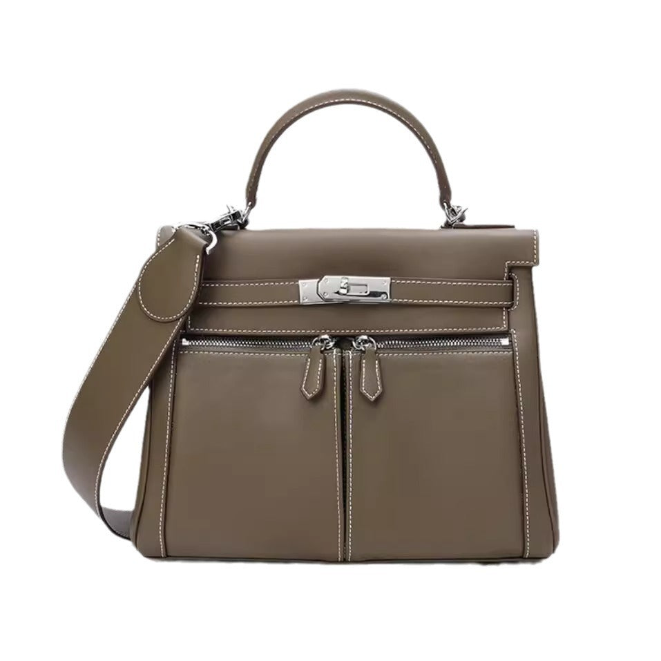 百搭通勤单肩斜挎包宽肩带凯莉包手提包真皮大容量单肩斜挎包女