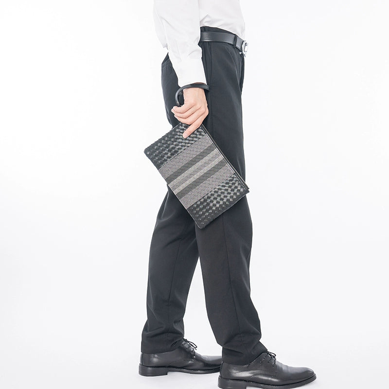 X&BV手拿包男真皮休闲潮流青年编织商务大容量信封包男手包夹包男