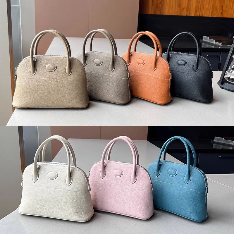 新款荔枝纹真皮贝壳包头层牛皮保龄球手提包拉链大容量通勤女包