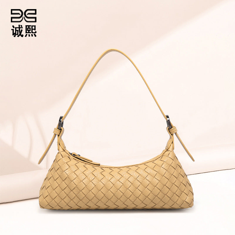 简约百搭手工编织包纯色单肩腋下包时尚潮流法棍包女士斜跨饺子包