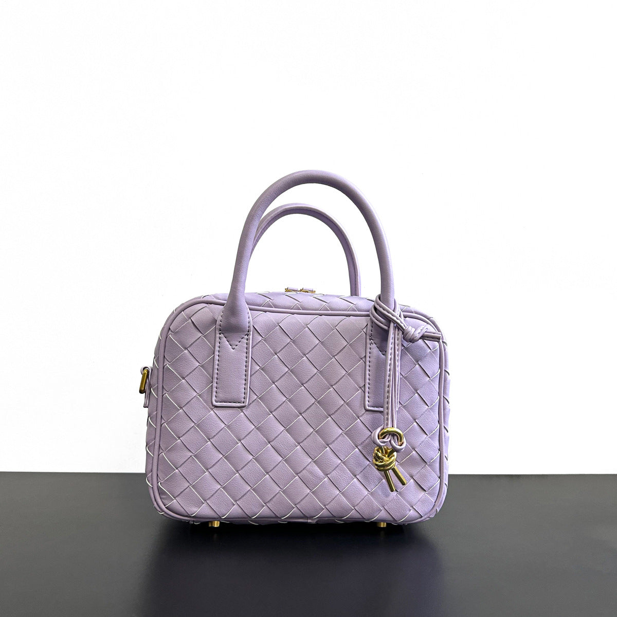 进口2023牛皮编织手提小方包饭盒包斜挎包高级冷波士顿编织小方包