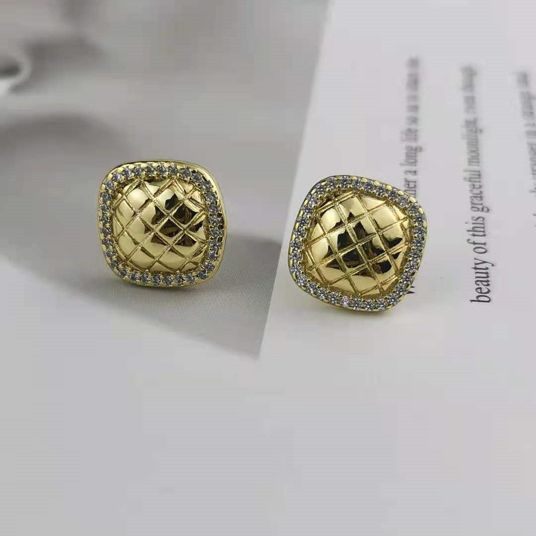 赛家新款几何方形微镶网状耳钉女潮港风ins耳饰四方镶钻格纹耳环