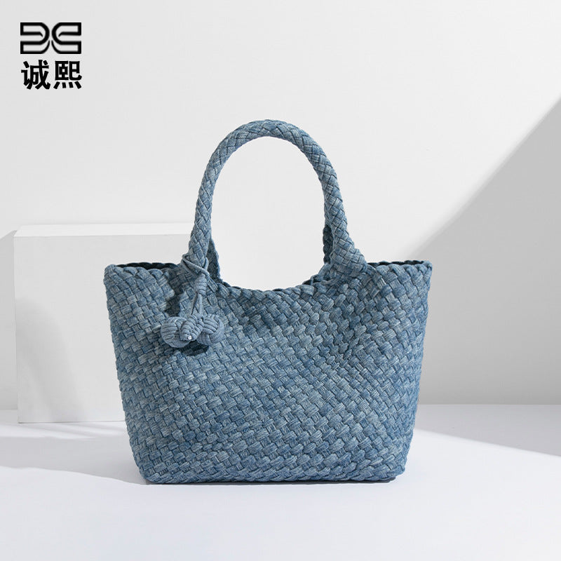 新款批发包包女高级质感通勤大容量编织牛仔布托特包菜篮子子母袋
