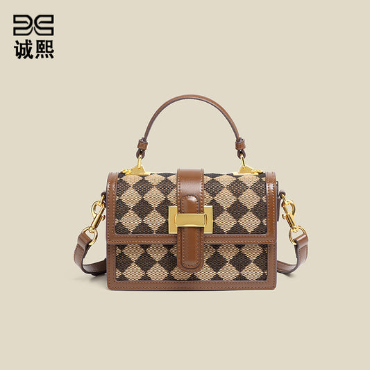 洋气复古月光宝盒手提包菱格豹纹质感棉麻单肩女包休闲潮流斜挎包