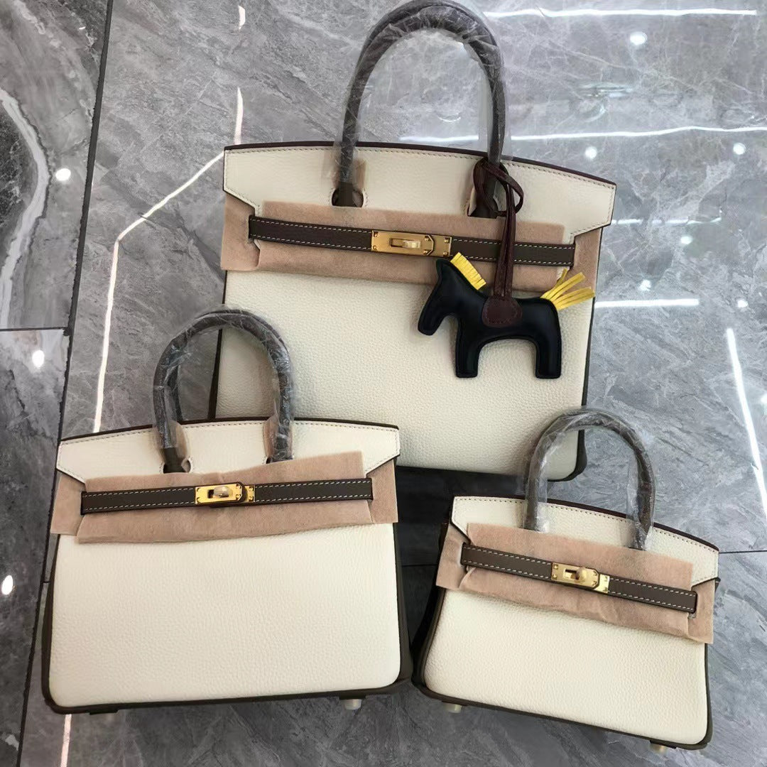 欧洲站真皮女包撞色铂金包荔枝纹头层牛皮手提包简约单肩斜挎包包