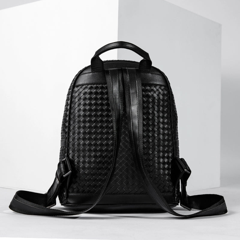 X&BV男士双肩包商务真皮时尚潮流背包出差旅行包编织男书包电脑包