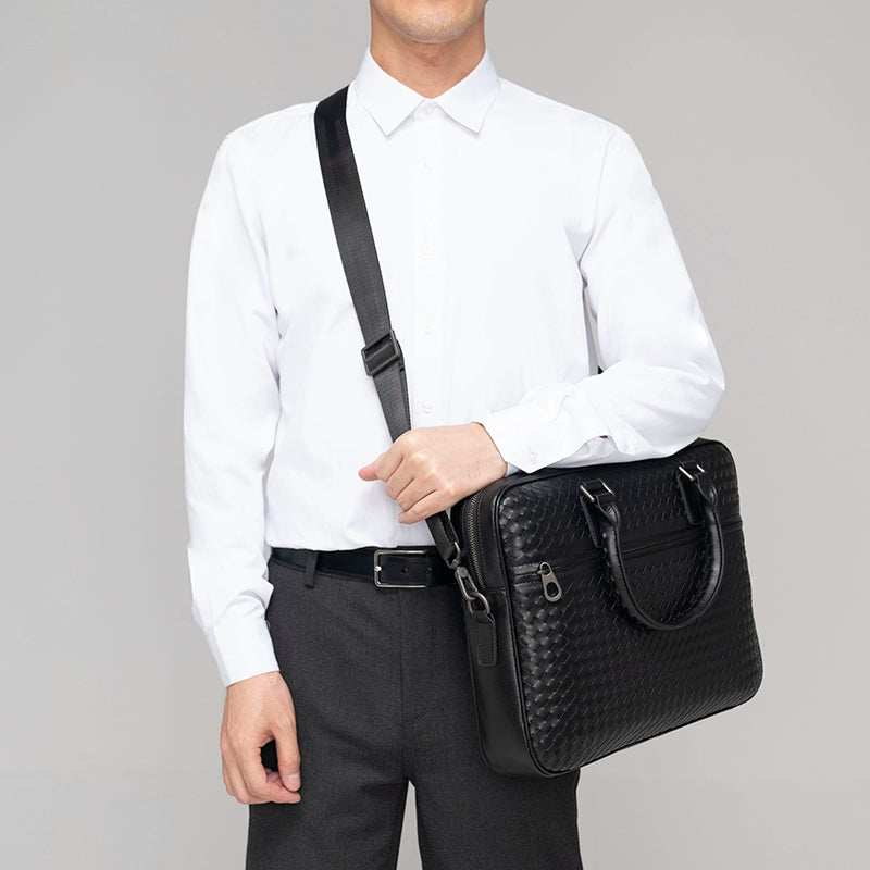 X&BV手提包男商务电脑包大容量编织男包单肩挎包包男士公文包真皮