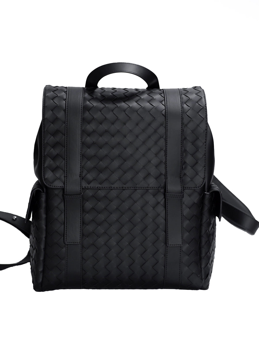 X&BV真皮双肩包男编织休闲时尚背包牛皮大容量新款男士书包电脑包