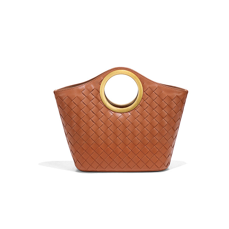 纯色复古菜篮子手工编织女包休闲百搭手提托特包包潮流单肩斜跨包