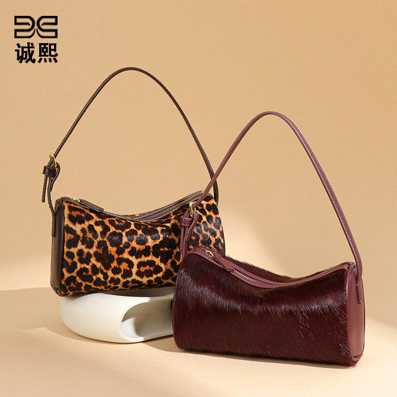 跨境真皮马毛豹纹手提女包高级感百搭单肩腋下包斜跨波士顿枕头包