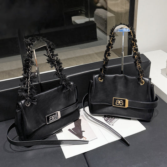 包包女2025新款上班通勤包B家魔都包黑色链条包大容量斜挎包真皮