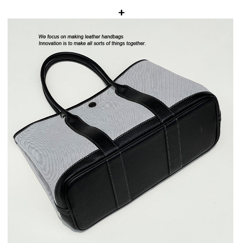 2025帆布女新款手提包时尚休闲通勤大容量头层牛皮撞色花园托特包