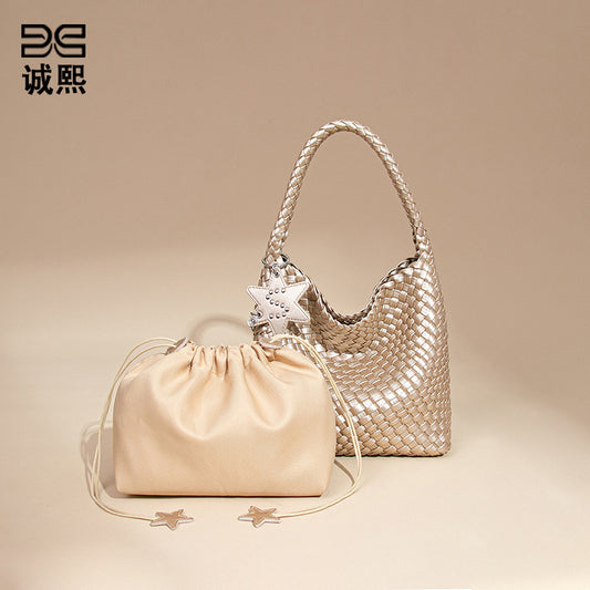 经典百搭枪枪小号手提女包休闲单肩腋下包时尚纯色手工编织子母包