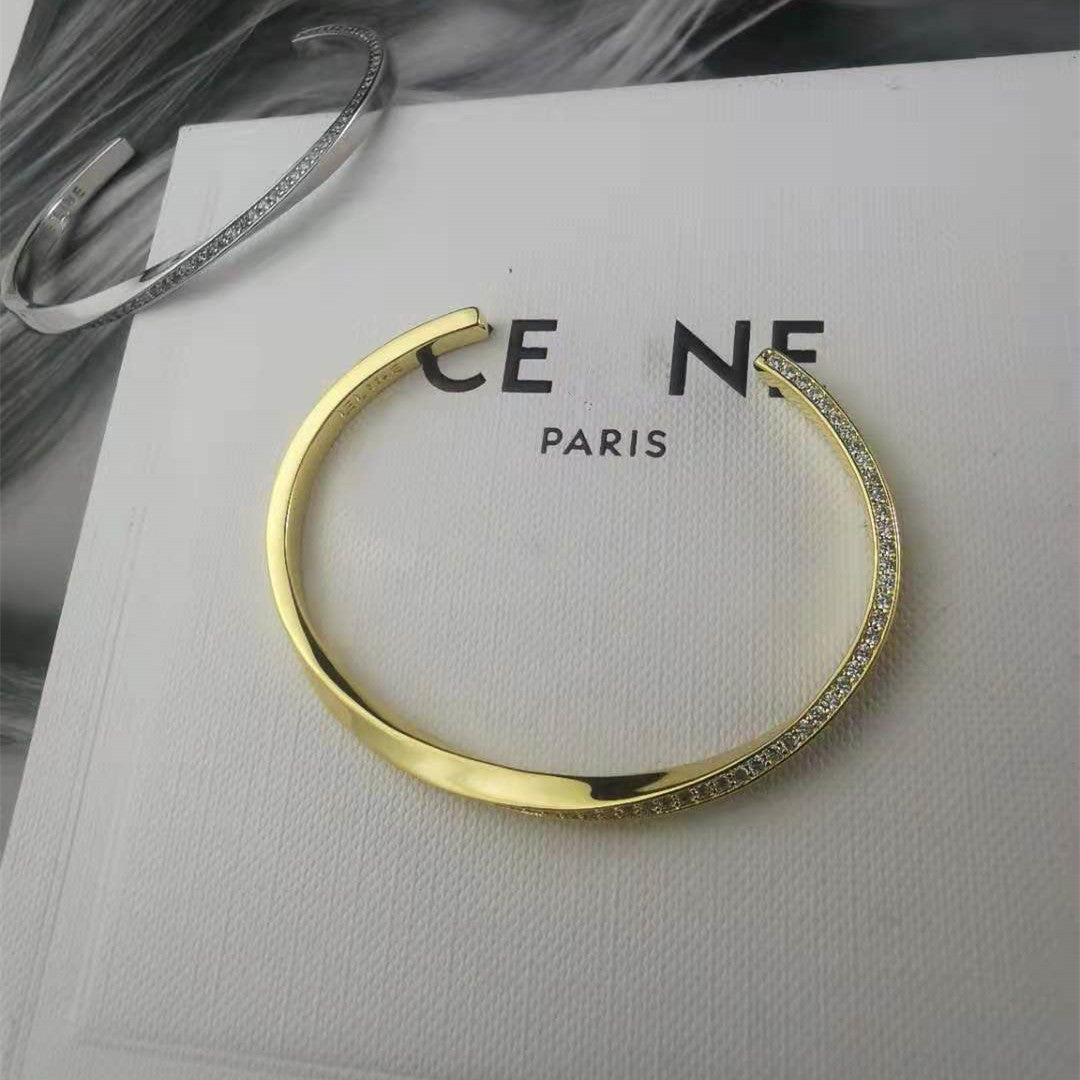 厂家批发赛家新款几何扭曲镶钻手镯高级感气质不规则扭扭开口手环