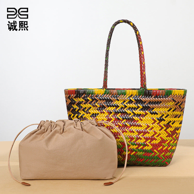 高端定制真皮菜篮子手提包彩色手工编织托特包森系潮流单肩腋下包