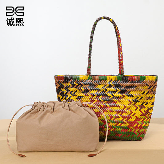 高端定制真皮菜篮子手提包彩色手工编织托特包森系潮流单肩腋下包