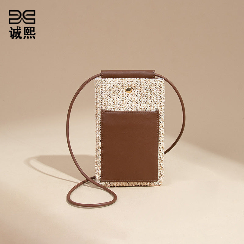 2025夏季新款拉菲草手机包清新百搭单肩斜挎包竖款时尚零钱袋小包