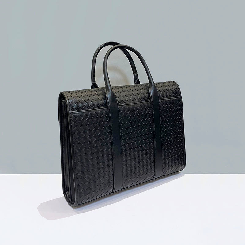 X&BV编织男包手提包真皮男士翻盖公文包牛皮大容量商务休闲电脑男
