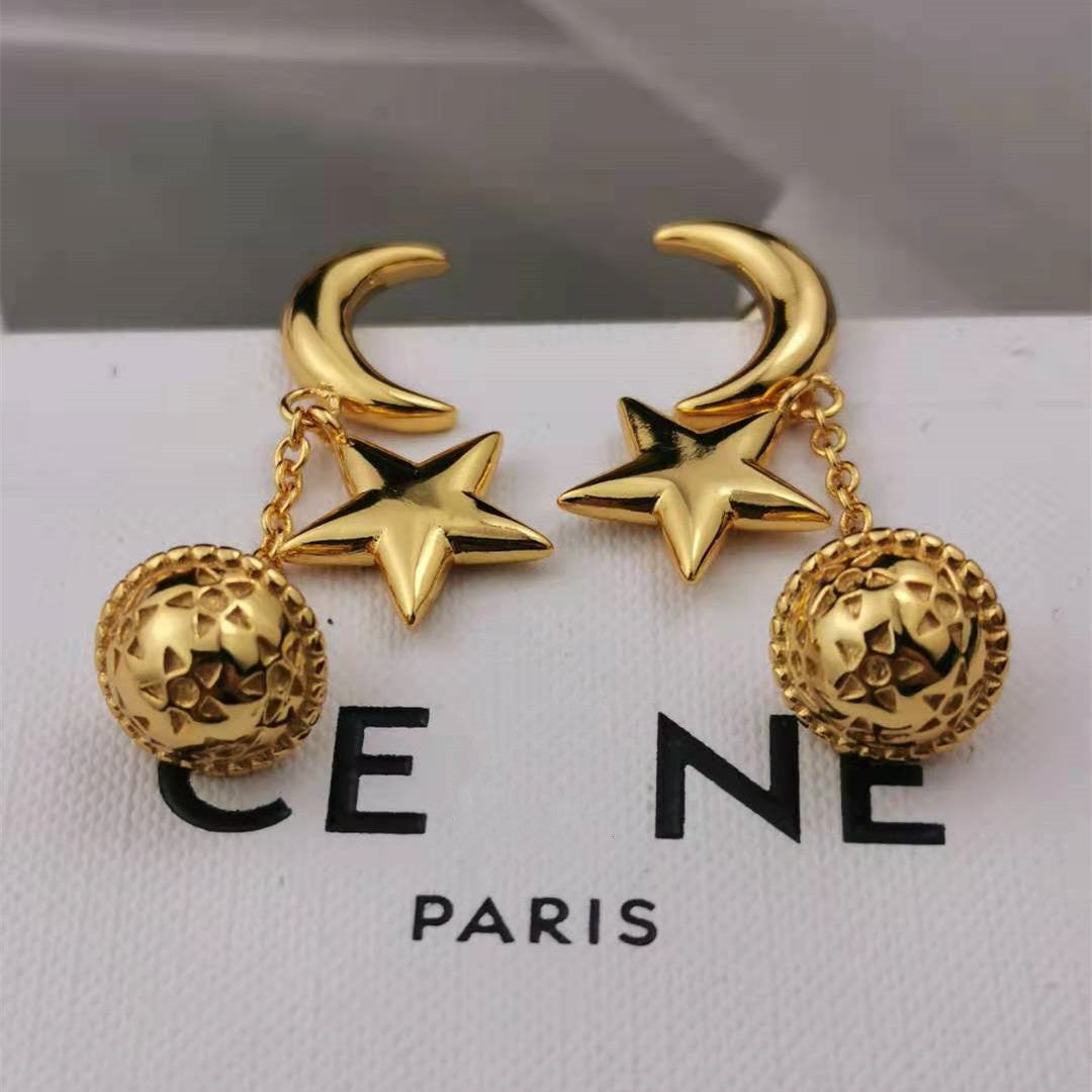 赛家新款月亮星球耳钉长款耳线高级感复古气质中古星星星球耳坠