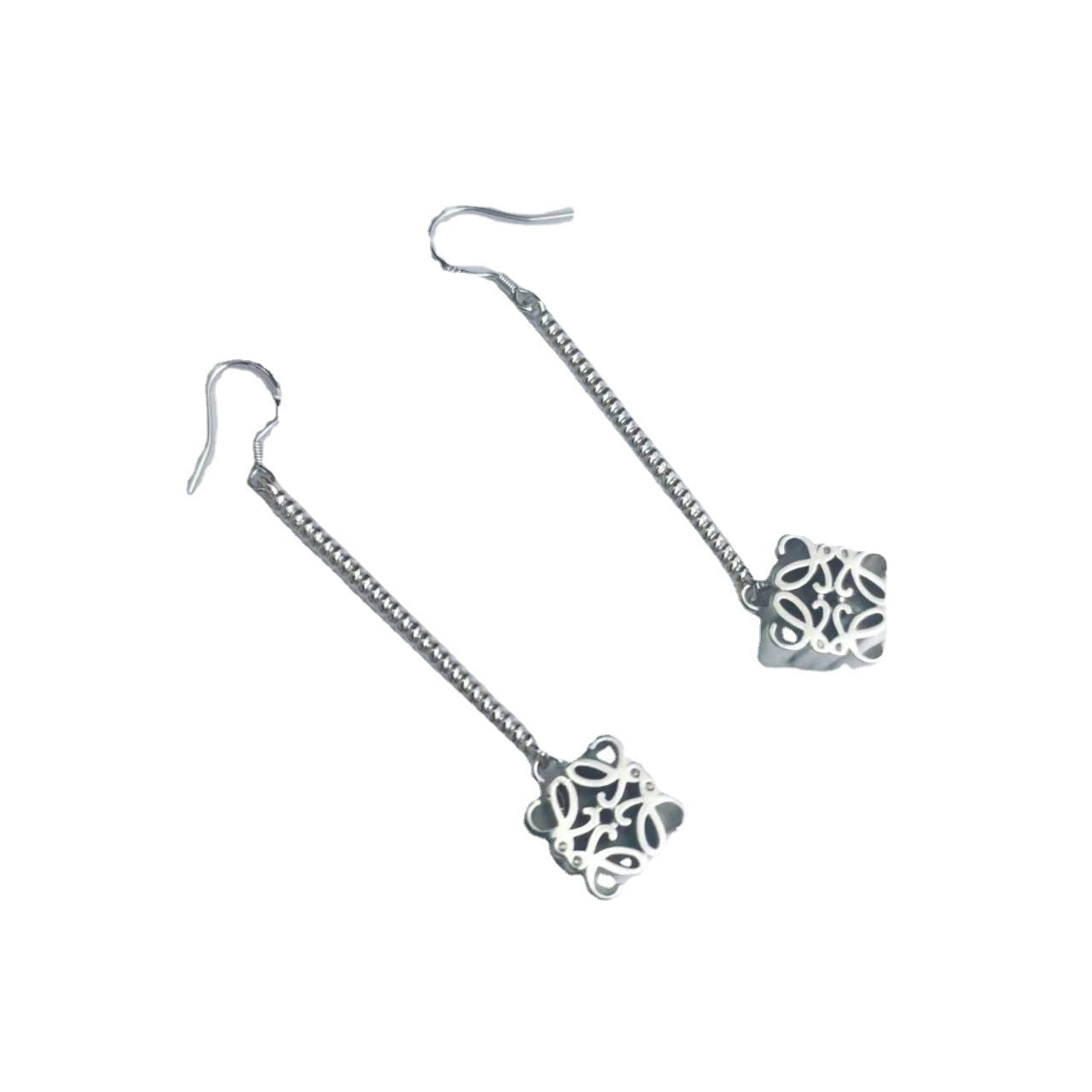 罗家21新款月饼长款耳环女高级感气质光面镀金几何印花链条耳坠