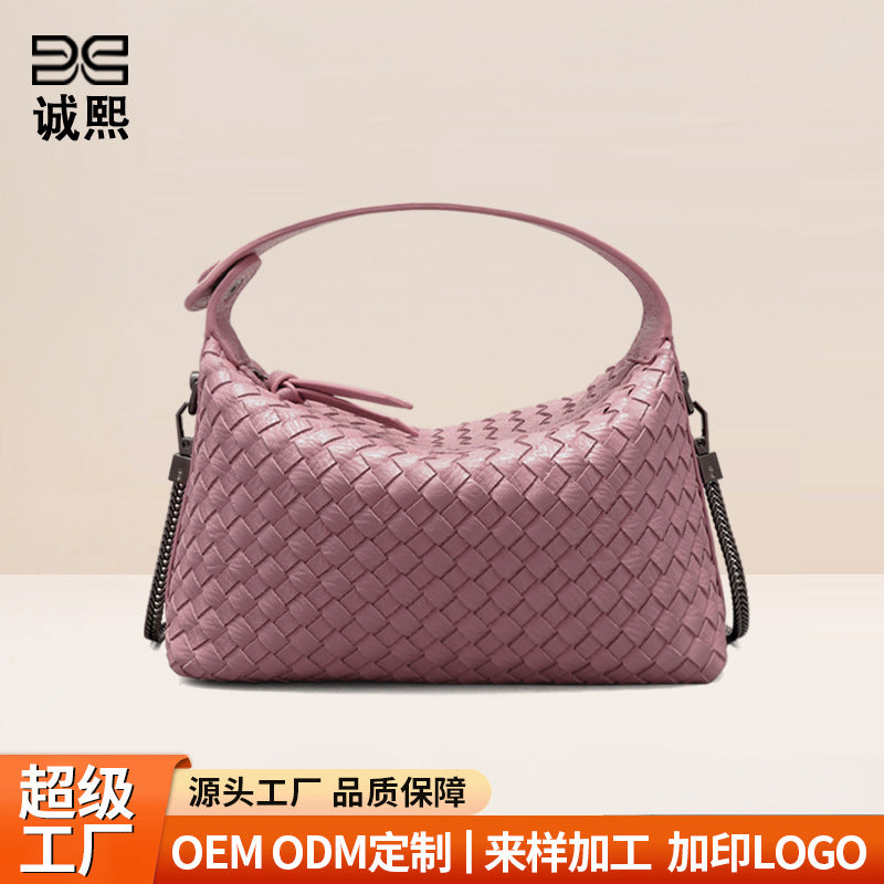 批发定制logo编织单肩包大容量手拎饭盒包质感纯色链条斜挎饺子包