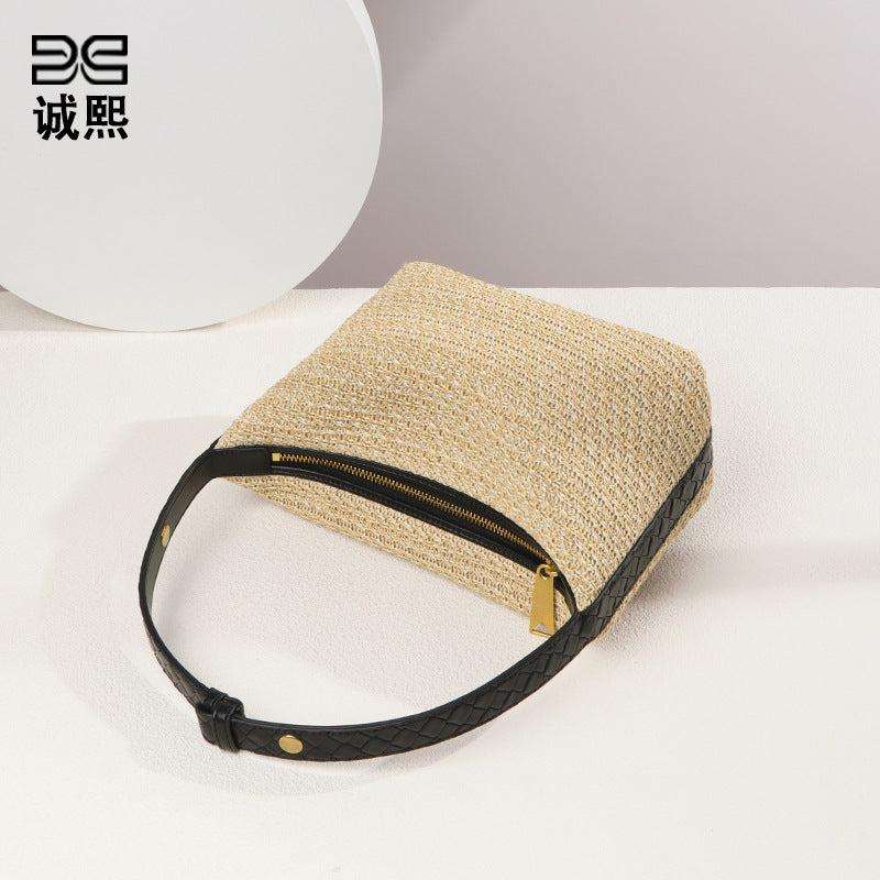 小众设计法式优雅百搭拉菲草编手拎饭盒包单肩腋下女包度假沙滩包