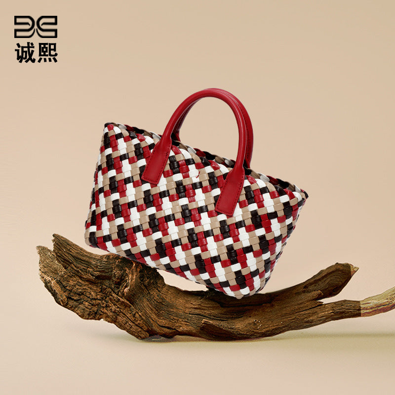 跨境2025新款撞色女士手提包时尚潮流手工编织包高级感单肩斜跨包