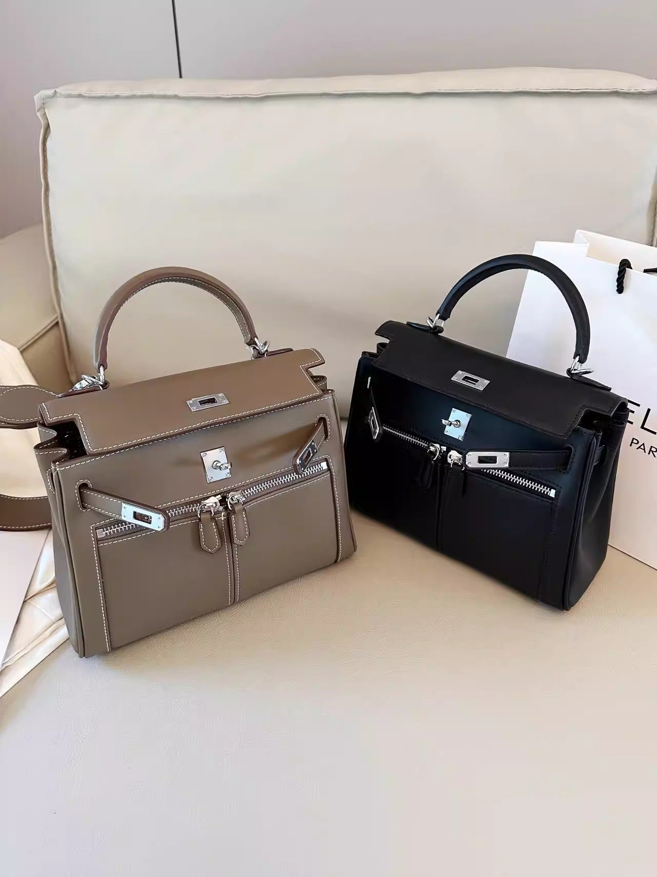 Swift皮 双口袋凯莉 lakis女高级感大容量手提包百搭通勤单肩斜挎