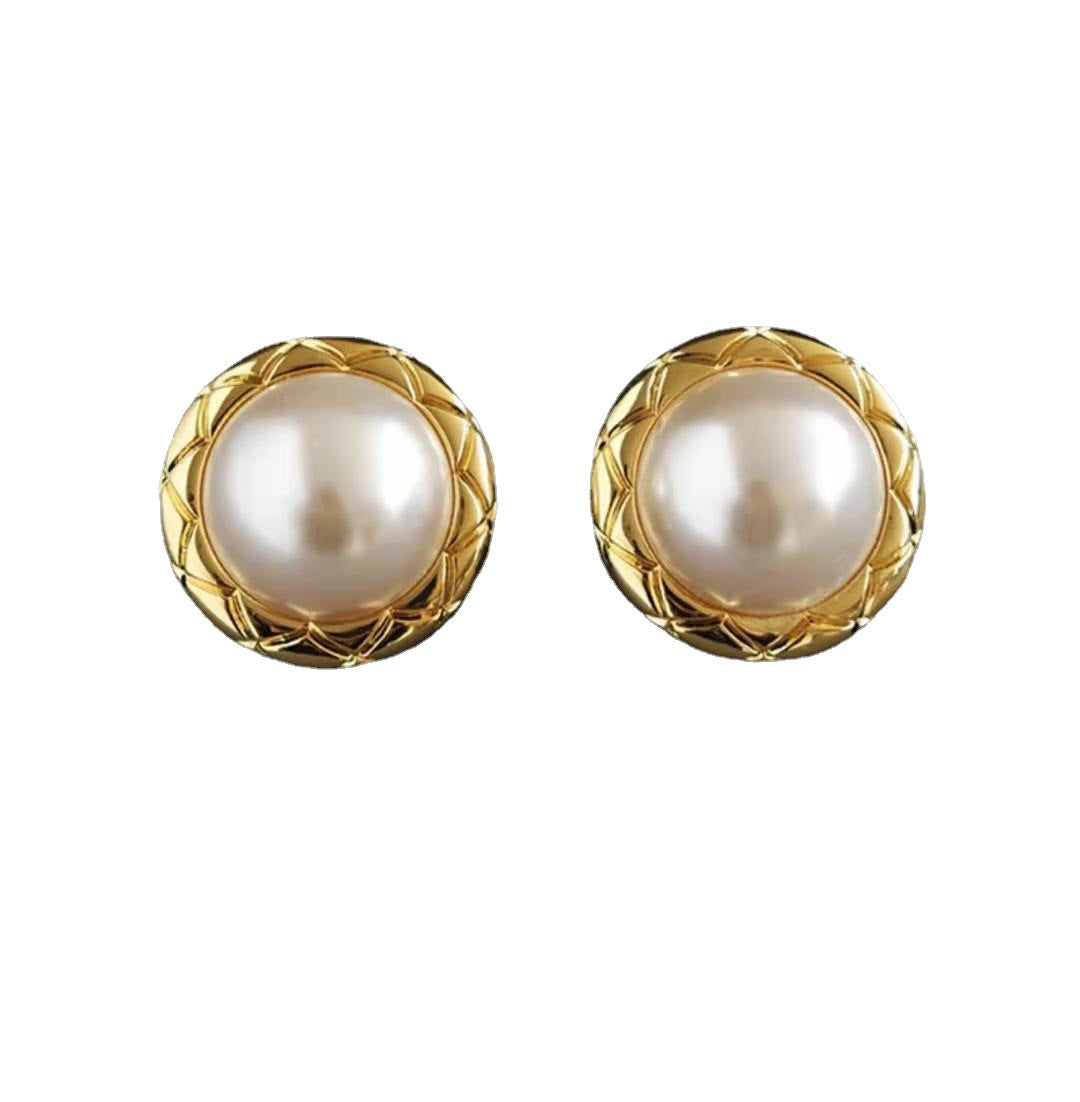 赛家珍珠耳环金色欧美复古宫廷风时尚气质圆圈耳饰菱格珍珠耳钉女