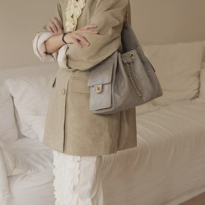 时尚简约小香25C hobo菱格抽绳水桶包复古腋下包单肩手提嬉皮女包