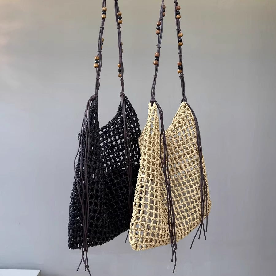 夏天沙滩包拉菲草编织包串珠复古腋下包大容量购物包单肩托特包女