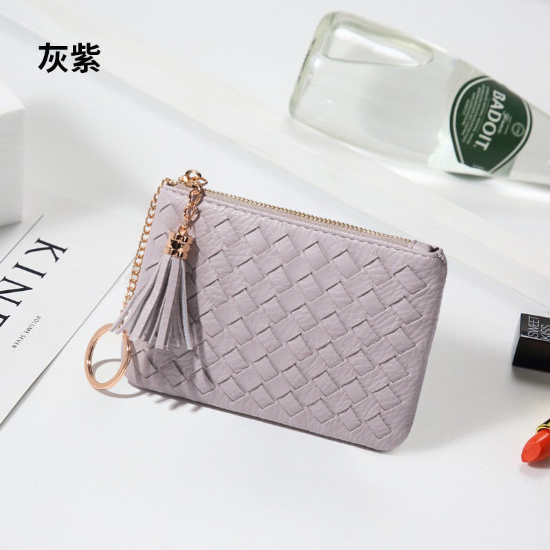 批发定制编织银币零钱包小巧轻便百搭卡包钥匙扣流苏拉链短款钱包