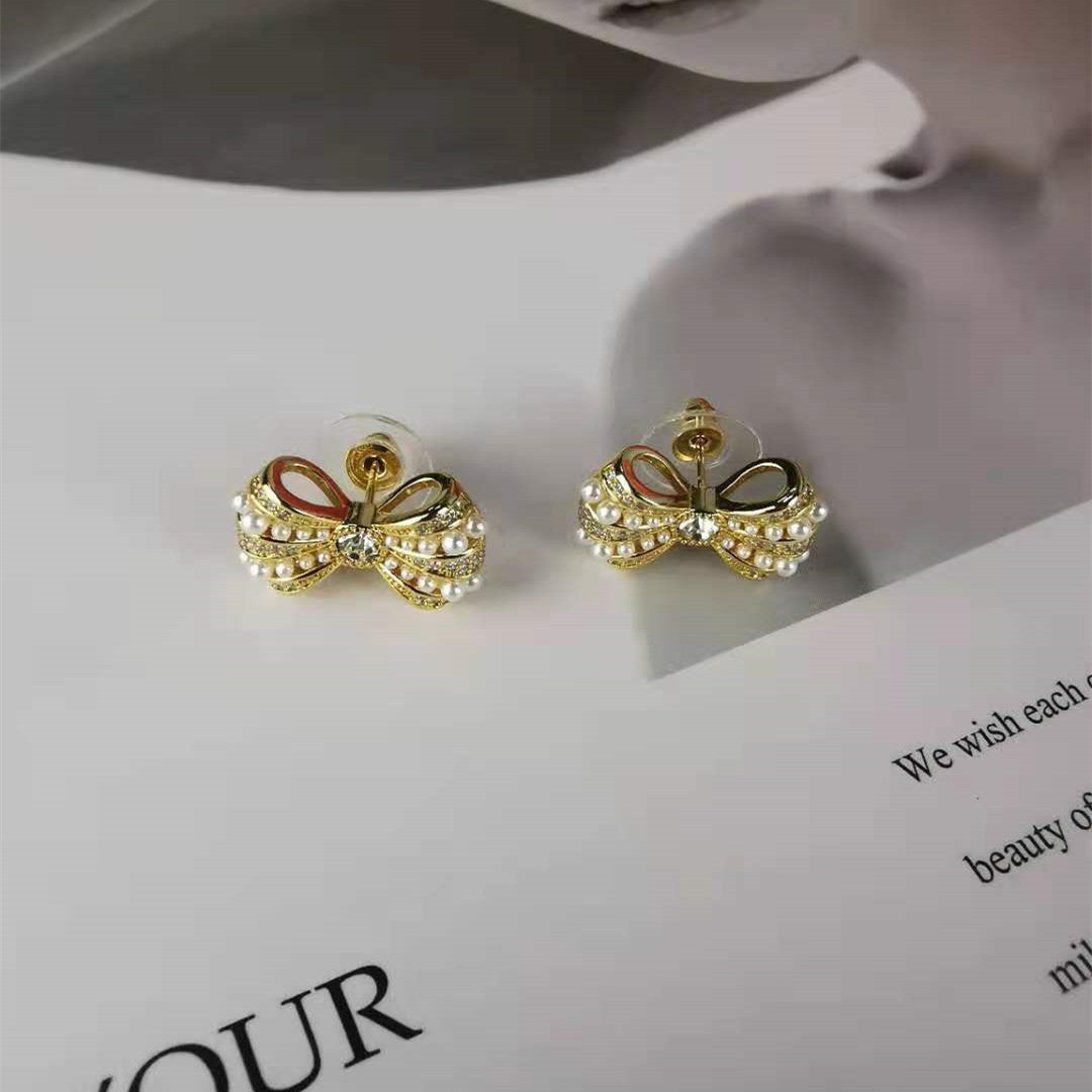 赛家新款满钻耳环精致小巧珍珠蝴蝶结耳钉甜美气质韩版INS耳饰